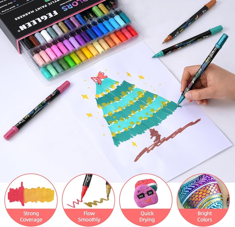 FEGLEEN 48 Colors Acrylic Paint Markers,Dual Tip Acrylic Markers with Fine Tip and Brush Tip Contain 12 Metallic Colors for Rock Painting,Egg,Wood,Glass,Canvas,Fabric,Ceramic,Crafts,Art Supplies - Image 3